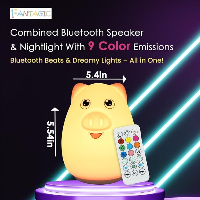 Combined Bluetooth Speaker & Nightlight With 9 Color Emissions, Child Friendly Silicone & BPA Free, USB Recharging, Receives Audio From Computer, Phone Or Tablet, and includes Remote Control (Pig)
