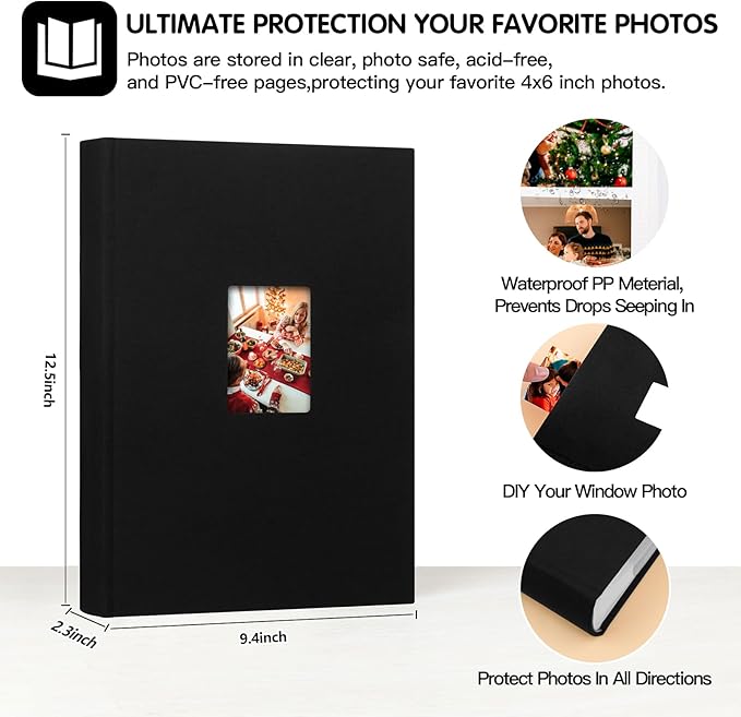 Photo Album 4x6 450 Photos with Writing Space,4 x 6 Photo Book Linen Cover with Front Window, 4x6 Picture Album, 450 Photos Photo Album Book for Wedding Kids Travel Family Baby Pictures (Black)