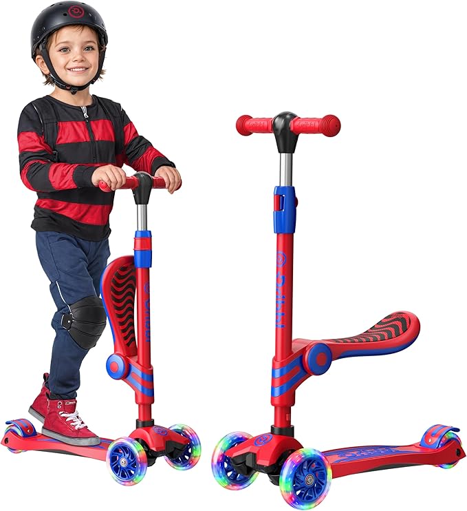 Red and Blue 3 Wheel Scooter with Seat for Kids – Light-Up LED Wheels, Adjustable Handlebar and Seat, Smooth PU Wheels, Wide Anti-Slip Deck, Rear Foot Brake – Toddler Outdoor Toys for Ages 2+