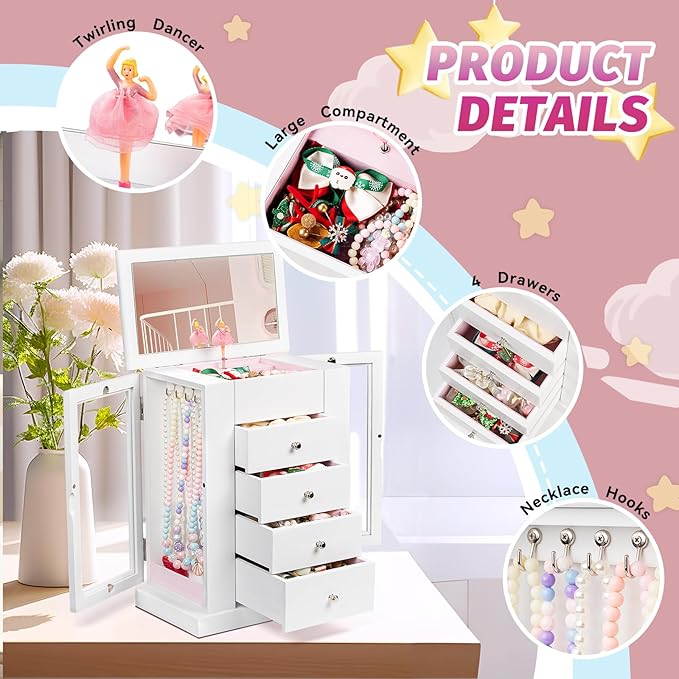 Jewelry Box for Girls, Musical Jewelry Box with Spinning Dancer Gifts for Little Girls Christmas New Year Birthday Children's Day, 5 Layer Large Wooden Kids Music Jewelry Organizer Box(White)