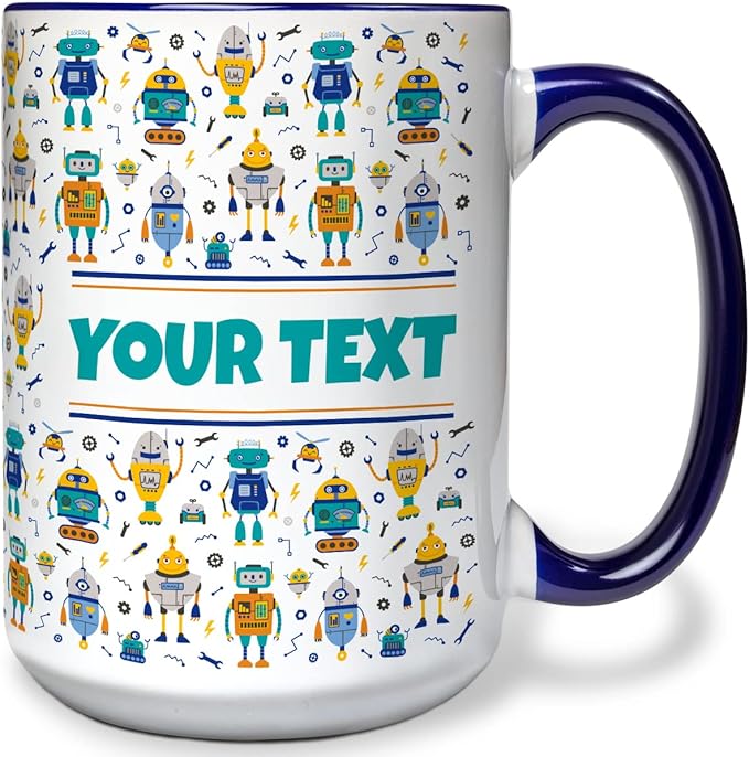 Personalized Mug for Kids - Robots - Custom Name/Text, Ceramic Hot Chocolate/Cocoa/Coffee Cup for Boys, Birthday/Christmas/Holiday Gift - 15 oz, Navy Blue Handle