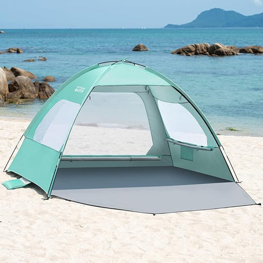 OutdoorMaster Beach Tent for 3/4 Person - Easy Setup Sun Shade Shelter, Portable Beach Shade Sun Canopy with UPF 50+ UV Protection, Removable Skylight Family Size