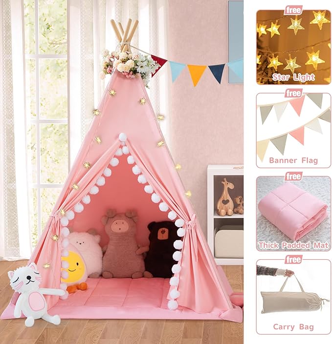 Teepee Tent for Kids with Padded Mat Cotton Canvas Kids Tent with Pompom for Toddlers Indoor Play Tent for Girls Boys with Stars Lights, Carry Bag, Banner Flag (Pink)