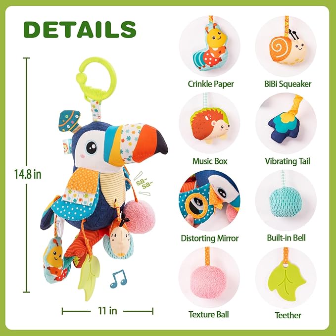 Jollybaby Musical Activity Pull String Hanging Toy for Baby Stroller Car Seat Crib Play Gym, Plush Stuffed Toucan Toy for Carseat with Music Teether Rattles, Sensory Toy for Baby Gift