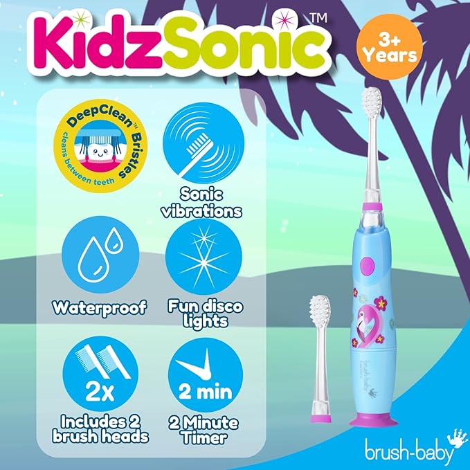 Brush‑Baby - KidzSonic Flamingo Kids Electric Toothbrush for Ages 3+ with Disco LED Lights, Gentle Sonic Vibrations, 2-Minute Smart Timer & 30‑Second Pulse Reminders – AAA Battery Included