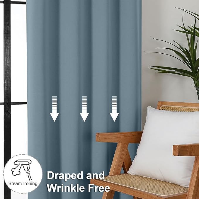 Simplebrand Ava Stone Blue Blackout Curtains for Bedroom 90 Inches Long 2 Panels Set, Solid Privacy Energy Saving Living Room Window Treatment Curtains Blackout Drapes, W50 x L90 Inch, Stone Blue