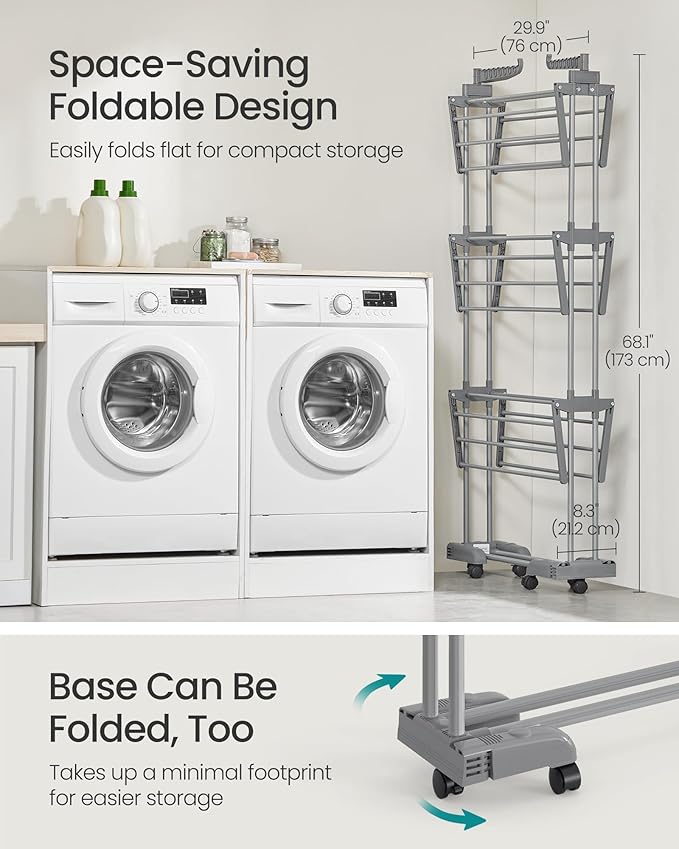 SONGMICS Clothes Drying Rack 4-Tier, Foldable Laundry Drying Rack 68.1-Inch Tall, Stainless Steel, Rolling Clothes Horses, Clothes Airer, Indoor Outdoor Use, Dove Gray ULLR703G01