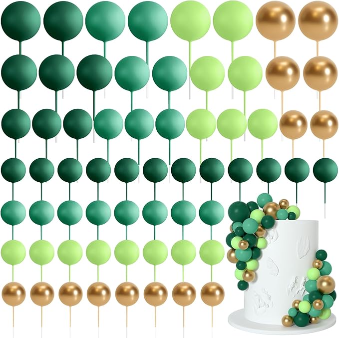 75 Pieces Cake Balls Topper Decorations Foam Cupcake Topper Mini Balloon Balls Cake Picks for Deco Birthday Party Wedding（Green Gold Series）