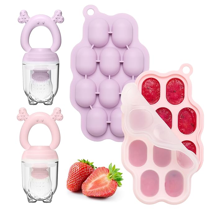 KingKam Baby Breastmilk Popsicle Molds & Baby Fruit Feeder (2 Pack), Baby Food Freezer Tray Storage Containers, Silicone Pacifier Feeder and Teether