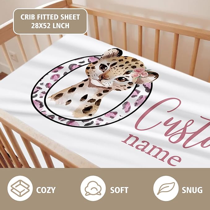 Custom Name Crib Bedding Set - Pink Leopard Theme, Personalized Nursery Bedding 3-Piece Set– Soft Blanket, Fitted Sheet, Changing Pad Cover – for Newborns Girls Nursery Gifts