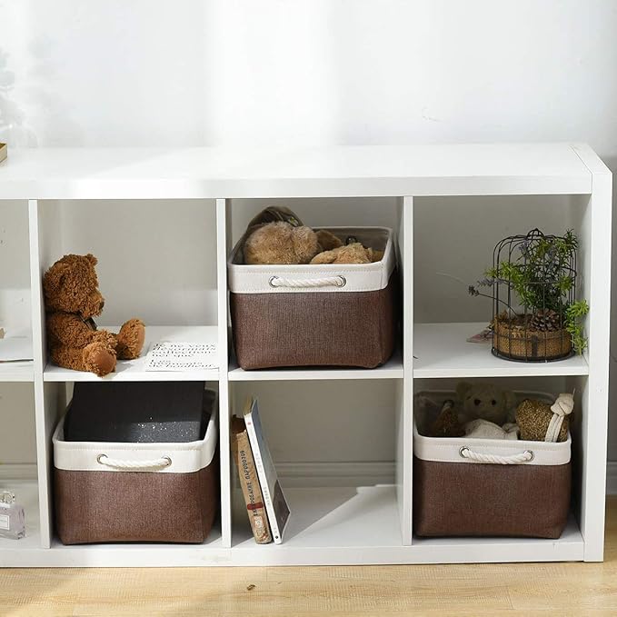 Large Storage Baskets for Shelves, Fabric Baskets for Organizing, Collapsible Storage Bins for Closet, Nursery, Clothes, Home & Office [3-Pack, White&Brown]