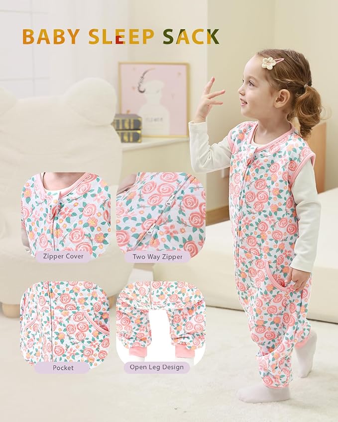 HOMEAL 1.0Tog Sleep Sack, Toddler Sleep Sack with Feet, 5T-7T Sleep Sack Toddler,Toddler Sleeping Sack with Legs,Pink Rose
