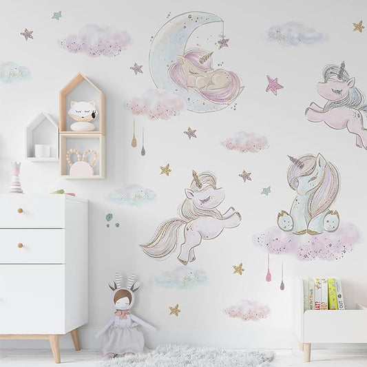 Unicorn Wall Decals by Lipastick - Vibrant Glitter Moon, Stars, Cloud Stickers for Girls Bedroom, Baby Nursery, Kids Room, Birthday Party Decor Art- Wall Stickers for Girls Room