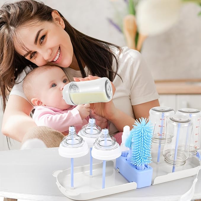 Portable Baby Bottle Brush Set - 7 in 1 Baby Bottle Cleaner Kit, Baby Travel Essential Bottle Washing Kit with Silicone Bottle Brush, Nipple Brush, Straw Brush, Drying Rack for Home and Travel (Blue)