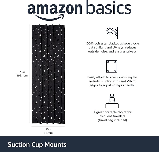 Amazon Basics Portable Blackout Curtain Shade with Suction Cups, 50" W x 78" L, 1-Pack, Moon and Stars