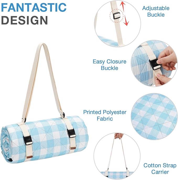 Picnic Blanket, 80''x80'' Waterproof Outdoor Blankets, Picnic Mat Washable for Beach, Picnic Blankets for Camping on Grass with Shoulder Strap - Blue & White