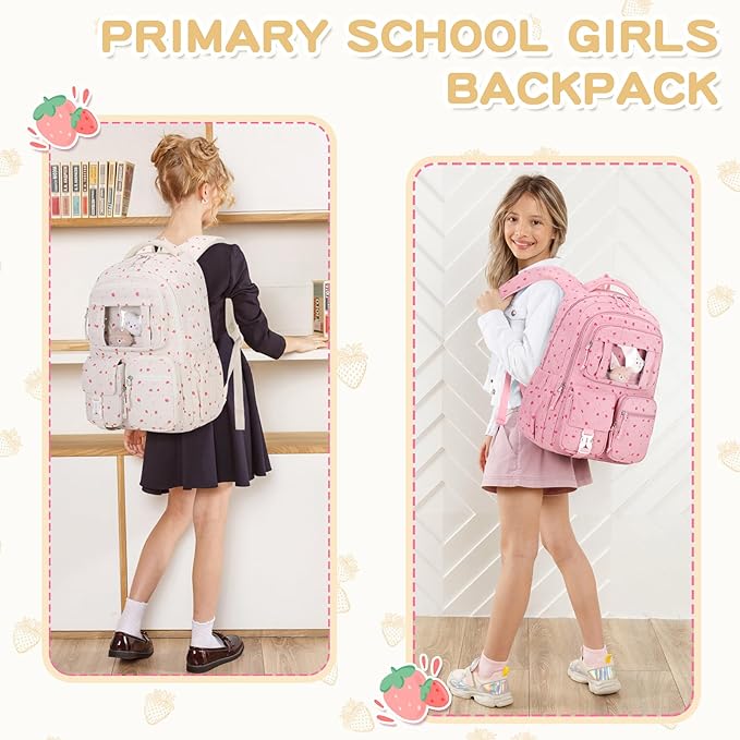Corduroy Backpack Kids Backpack for Girls School Bags for Middle School Students Book Bag for Elementary Primary Kawaii Ita Backpack, Beige Strawberry