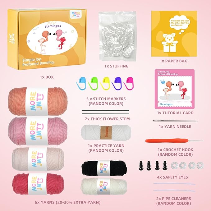 MOREJMTT Crochet Kit for Beginners Animal,Crochet Animal Kits,Crocheting Kit for Starters,Learn to Crochet with Step-by-Step Video Tutorials,Beginner Crochet Kits for Adults(Flamingo)