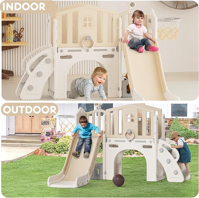 YUFU 8 in 1 Toddler Slide Set, Kids Slide for Toddlers Age 1-3, Toddler Playset with Climber, Basketball Hoop and Ball, Outdoor Indoor Playground for Toddlers 1-3 (Beige+Coffee)