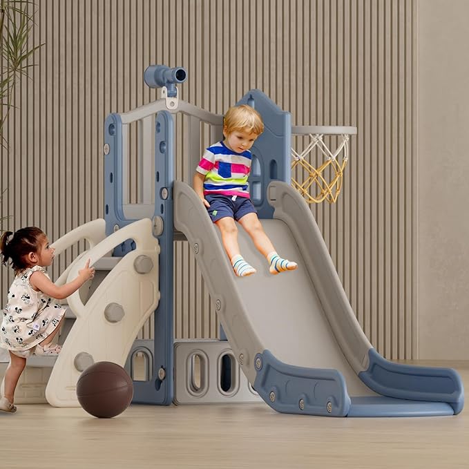 XJD 5 in 1 Toddler Slide, Kids Slide for Toddlers Age 1-3, Outdoor Indoor Playset for Toddlers with Basketball Hoop and Ball, Storage Space and Non-Slip Steps Telescope (Blue)