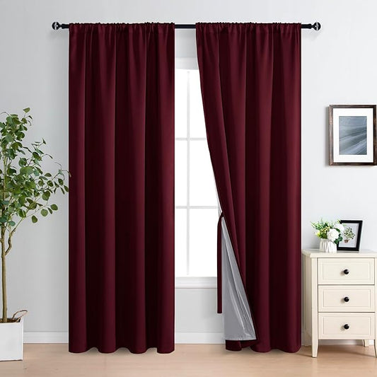 XWZO 100% Blackout Curtains with Tiebacks- 2 Thick Layers Completely Shaded Window Treatment Thermal Insulated Lined Drapes for Bedroom/Patio Door, Rod Pocket, Burgundy, W52 x L84, Set of 2 Panels