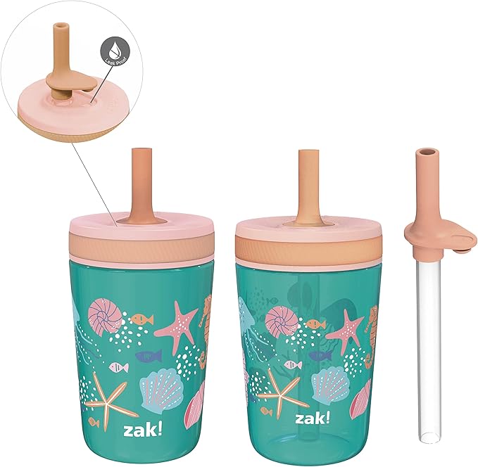 Zak Designs Shells Kelso Tumbler Set, Leak-Proof Screw-On Lid with Straw, Bundle for Kids Includes Plastic and Stainless Steel Cups with Bonus Sipper (3pc Set, Non-BPA) 15 fl.oz.