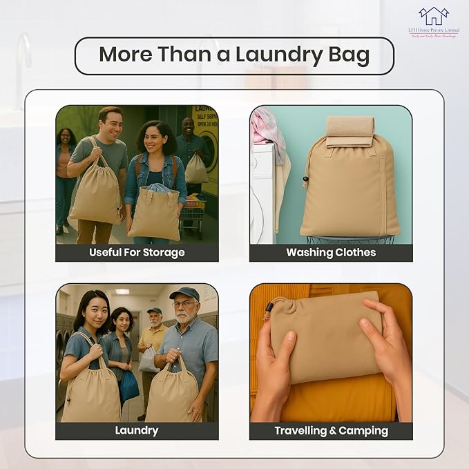 LFH Home Cotton Canvas Large Laundry Bag with Handle, Heavy Duty Drawstring Closure Washable Laundry Bags, School Travel, Home, Hotel, College Dorm, Organizer Sack, Toys Clothes 28x40-Beige