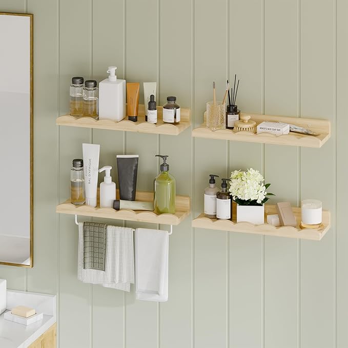 Fixwal Nursery Shelves, 16.5 Inch Floating Bookshelves for Wall Set of 4, Scalloped Wall Book Shelves with Towel Rack for Kids, Toddler Room, Baby Room, Nursery Decor and Storage(Natural Wood)