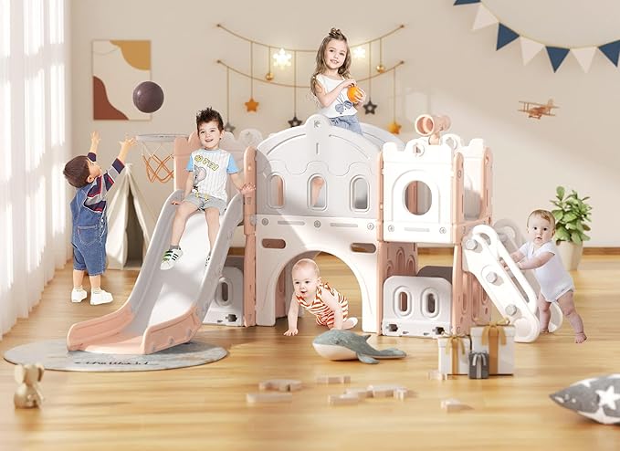 8 in 1 Toddler Slide, Kids Climber Slide with Storage Space and Non-Slip Steps, Indoor Outdoor Playset with Basketball Hoop and Telescope, Slide for Toddlers Age 1-3, Pink White