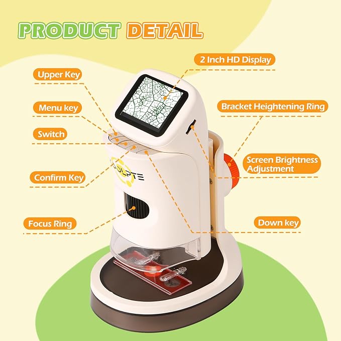 Microscope for Kids, 1000X HD Pocket Kids Microscope, 2.1'' LCD Screen Mini Micrscope for Kids 8-12, Science Mini Scope Toy Kits, Handheld Miniscope Educational Gifts for Kids, 32 GB TF Card Included