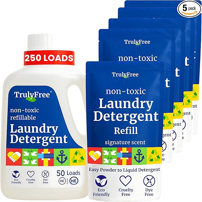 Natural Laundry Detergent for Sensitive Skin | Eco Friendly, Plant Based, Baby Clothes Safe | Clean & Easy Powder to Liquid, 5 Pack Detergent + 1 Refillable Jug | Signature Scent 250 Loads
