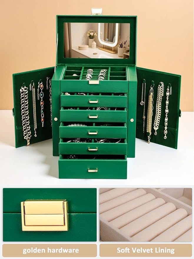 BOOVO Jewelry Box For women, 6 Layer Large Jewelry Organizer With Mirror, Multi-Function Storage Box With Lock, Necklace Holder With 5 Drawers, For Earrings Necklace Bracelet (Green and Gold)