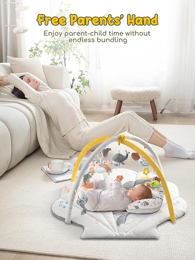 Shell Baby Play Mat, Play Mat for Babies 0-6 6-12 Months, Tummy Time Mat w 6 Detachable Toys, Enlarged Infant Activity Mat for Sensory & Motor Skill Development Boho Ocean Theme Baby Play Gym (White)