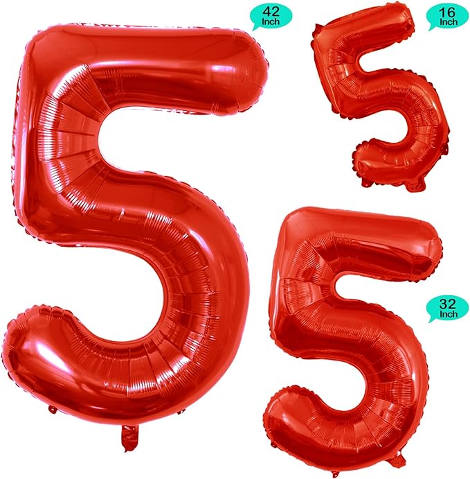 GOER Red Foil Balloons Number 5,Huge Number Balloons for 5th 55th Birthday Party Supplies Anniversary Decorations (3 pcs,42 inch,32 inch,16inch)