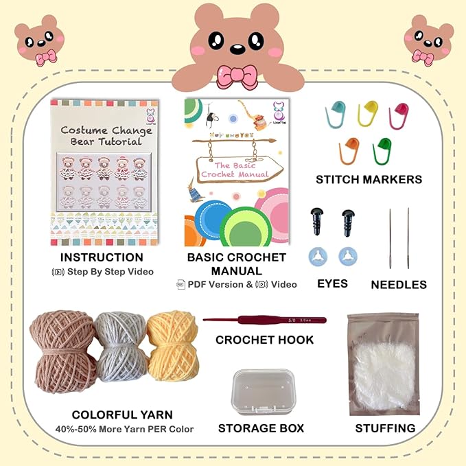 LoopMap Crochet Kit for Beginners - DIY Amigurumi Bear with Removable Dress & Accessories - Step-by-Step Video Tutorials, Extra Yarn, Crochet Tools, Handmade Gift for Kids & Adults (Bear K02, Yellow)