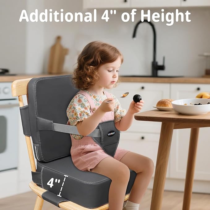 Toddler Booster Seat for Kitchen Chair, 2-in-1 Dining Table Booster Seat with Backrest & Adjustable Straps – Easy-Clean, PU Portable Toddler Eating Travel Increasing Cushion - Dark Grey