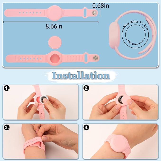 Kids Waterproof Airtag Bracelet Compatible with Apple AirTag, Hidden Silicon Protective Case for Air Tag GPS Tracker Holder, Adjustable Anti-Lost Watch Band for Toddler Child (Cyan & Pink)