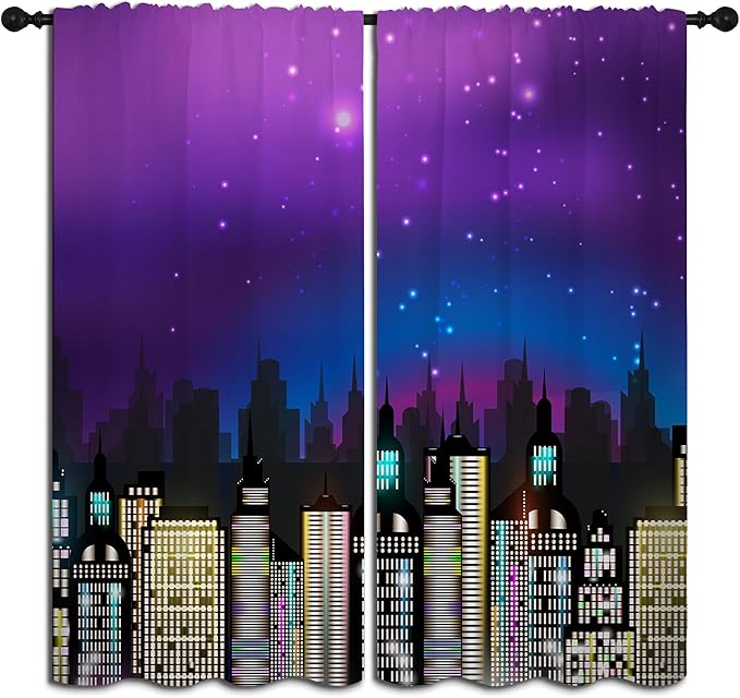 Superhero Rod Pocket Blackout Curtains for Boy Girl Bedroom, Super City Skyline Buildings Night Panorama Home Energy Efficient Light Filtering Window Curtain for Living Room, 84x63 inch