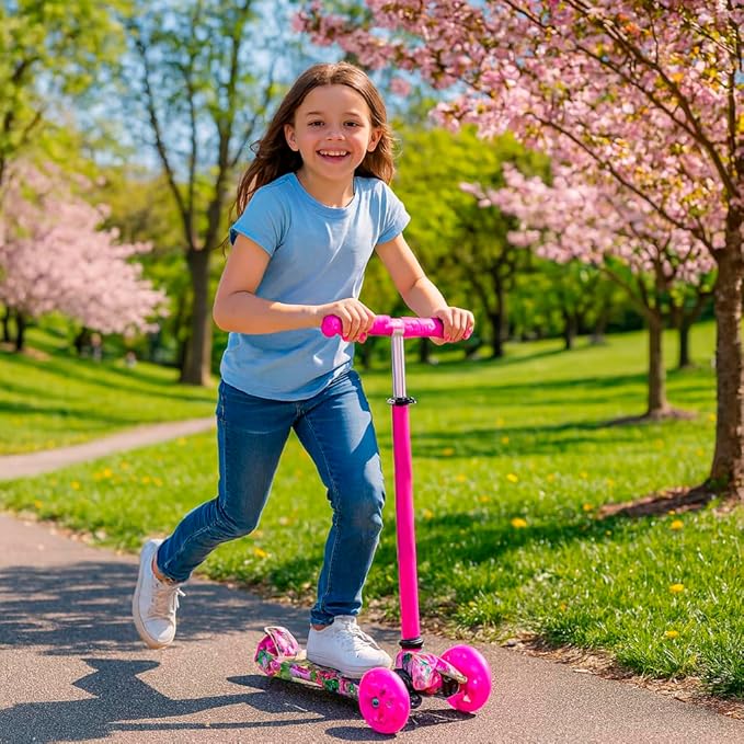 Maxi Scooter for Kids Ages 6-12 Lean-to-Steer 3 Wheel Scooter for Kids Ages 6-12 PU Light-Up Wheels Kids Scooter Adjustable Height Light Weight Aluminum Scooters T-Bar Colorful Design Printed