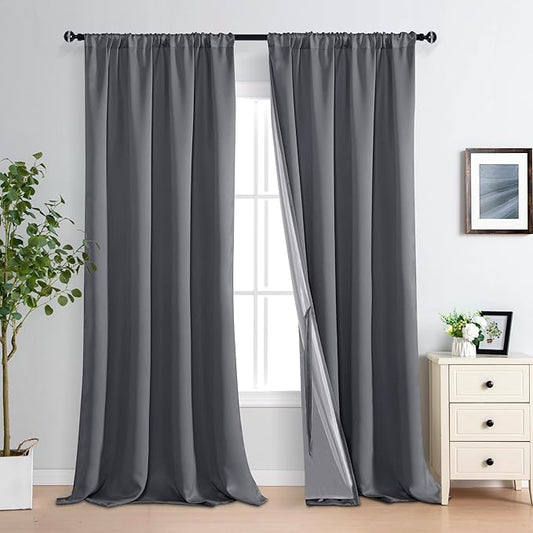 XWZO 100% Blackout Curtains 95 Inches Long with Tiebacks- Rod Pocket Privacy Protection & Noise Blocking Window Draperies with Black Liner for Bedroom/Living Room, Dark Grey, W52 x L95, Set of 2