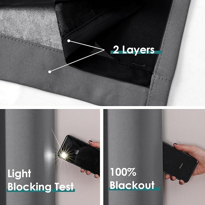 ChrisDowa 100% Blackout Curtains 63 inch Long for Bedroom with Black Liner, Extra Wide 2 Thick Layers Total Blackout Thermal Insulated Grommet Window Curtains 2 Panels Set (Grey, 60 x 63 Inch)