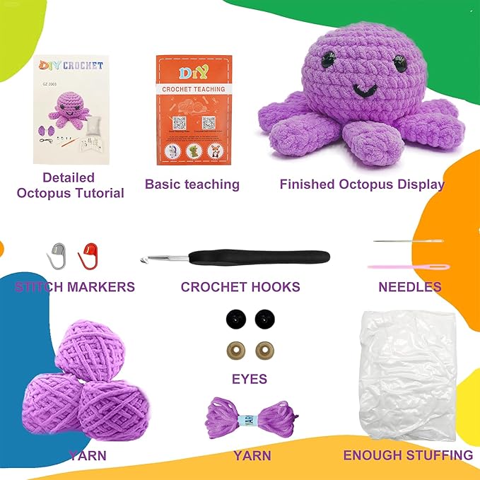 Utook Crochet Kit for Beginners, 6-Pack Crochet Animal Kit,Crochet Kits for Beginners Adults and Children, with Instructional Videos and Paper tutorials, Handmade Crafts, Holiday Gifts (Octopus)