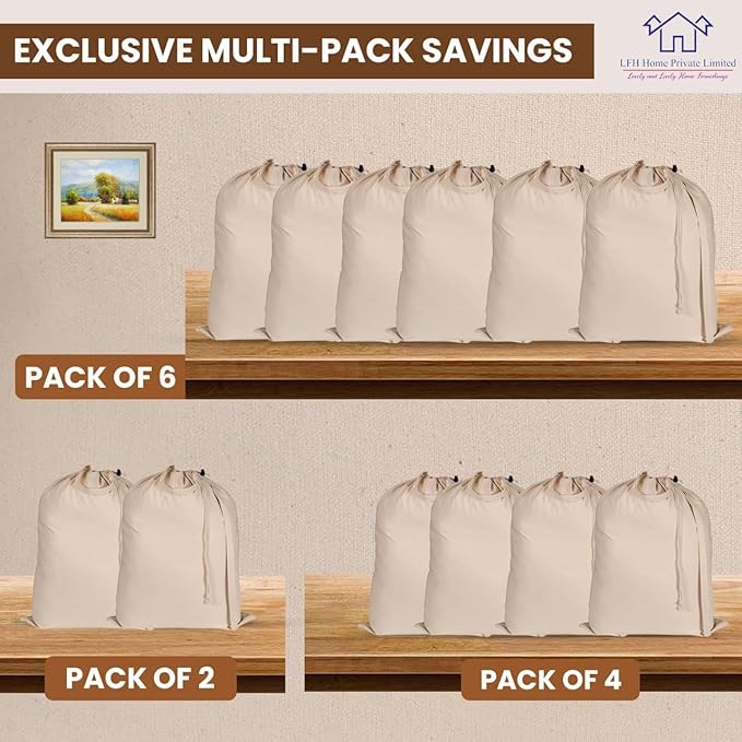 LFH Home Large Premium 100% Cotton Canvas Laundry Bag with Drawstring and Handles Heavy Duty, Multi-Use, and Washable for Home, Travel, College or Storage 28x40 (Pack of 6)-Natural