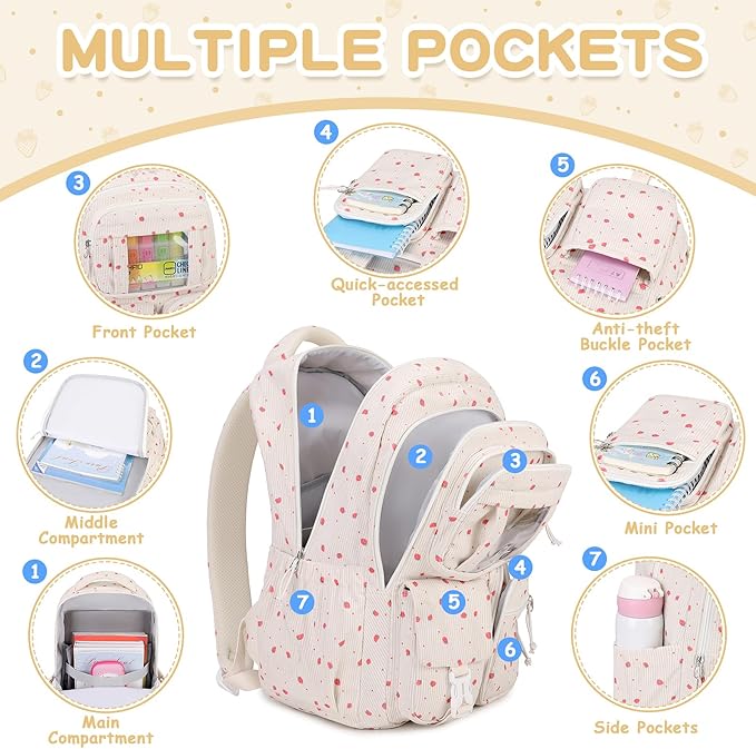 Corduroy Backpack Kids Backpack for Girls School Bags for Middle School Students Book Bag for Elementary Primary Kawaii Ita Backpack, Beige Strawberry