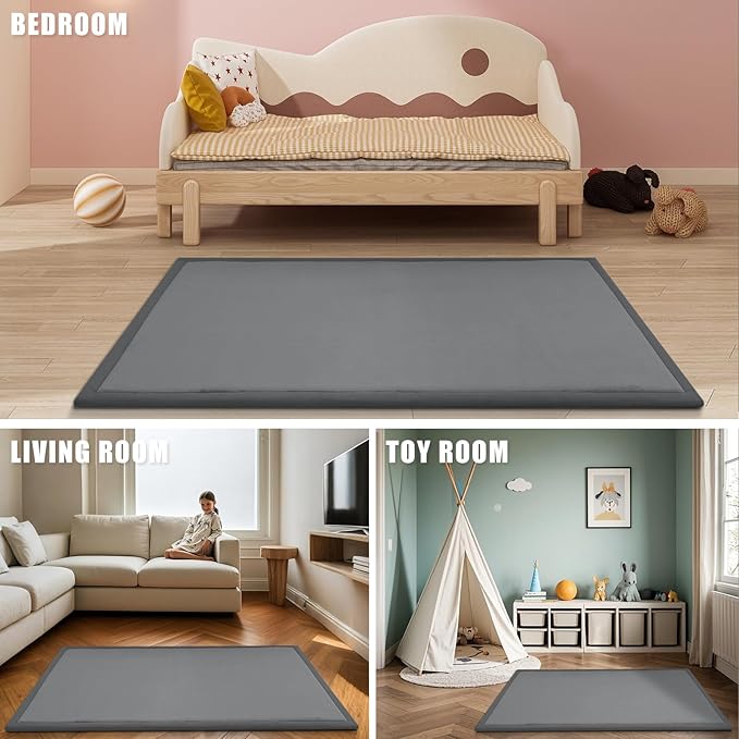 Baby Play Mat for Floor, 1.3"Thick Extra Large Cushioning Memory Foam Playpen Mat, Soft Coral Velvet Baby Crawling Mat with Non-Slip Backing, Baby Nursery Rug for Toddlers, Kids (Dark Grey, 79X59)