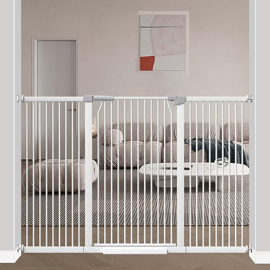 40.5" Extra Tall Baby Gate No Drill, 63"-65.7" Extra Wide Dog Pet Gate Indoor, Long Safety Child Gate, Metal Tension Auto Close No Climb Fence Pet Gate for Stairs Doorway, White