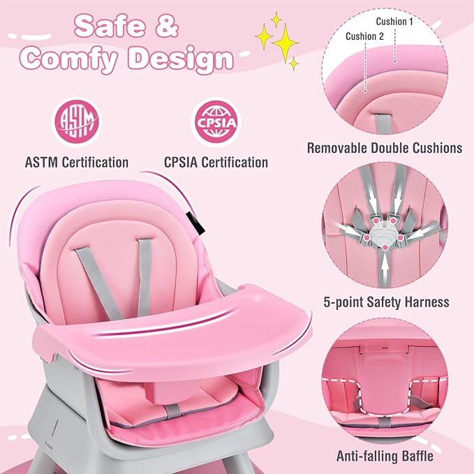 HONEY JOY 8 in 1 Baby High Chair, Convertible Highchair for Babies and Toddlers/Table and Chair Set/Building Block Table/Booster Seat/Stool/Toddler Chair with Safety Harness (Pink)