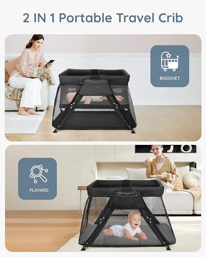 Lilian&Gema 2-in-1 Travel Crib, Portable Crib with Backpack, Lightweight Baby Travel Playpen, Foldable Play Yard with Thick Mattress for Babies & Toddlers, Baby Travel Essential