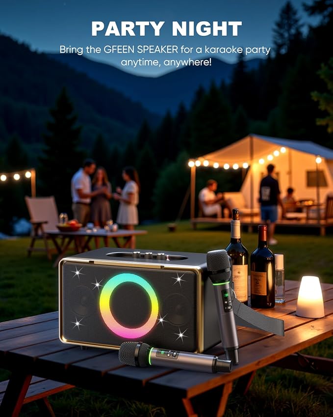 GFEEN Portable Bluetooth Speaker: 200W Peak, 15H Playtime, Wireless Speakers with Microphone, 5″ Subwoofer, Loud Sound, Light Show, Fast Charging for Outdoor, Party, Backyard(Gold with 2Mic)