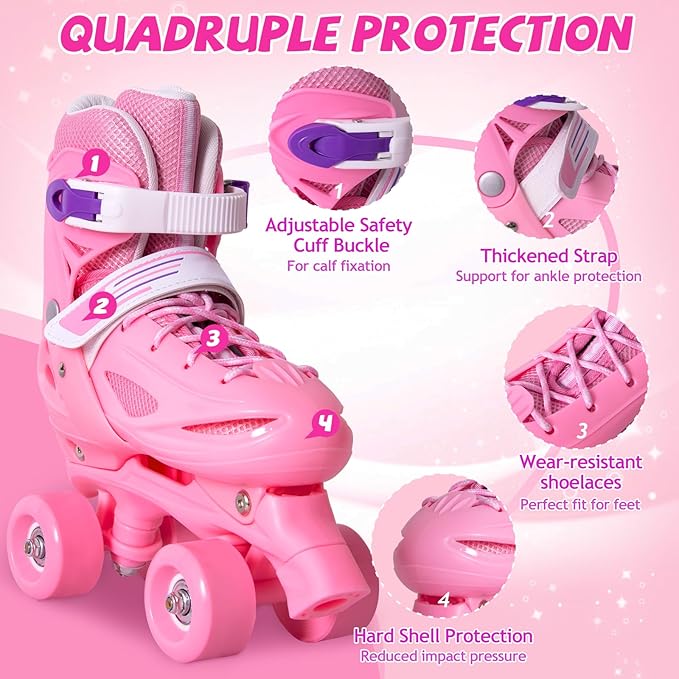 Rainbow Toddler Roller Skates - Size 4 Adjustable | Light Up Quad Skates for Girls & Boys Beginners Aged 3-12